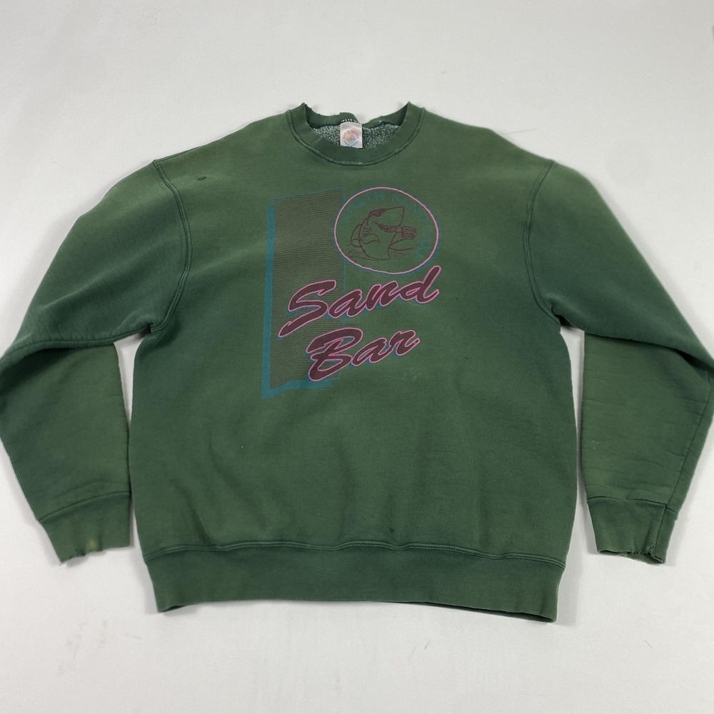 Sand Bar Sweatshirt Mens XL Green Crewneck Shark Graphic Beach Vintage 80s 90s